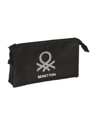 Safta Benetton Basics Trousse - 3 Compartiments Avec Cremalleras - Poche Intérieur - 0.6L - 220x30x120mm - Couleur Noir