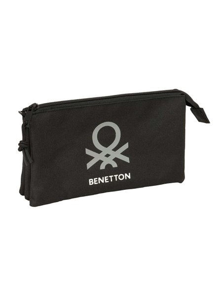 Safta Benetton Basics Trousse - 3 Compartiments Avec Cremalleras - Poche Intérieur - 0.6L - 220x30x120mm - Couleur Noir