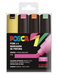 Posca PC-8K Étui de 4 Marcadores de Pintura - Pointe Biselada Acrilica 8mm - Encre Base al Eau - Résistant à la Luz - Couleur As