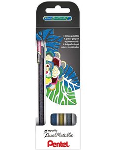 Pentel Hybrid Dual Metallic Pack de 4 Boligrafos de Bola Avec Encre Gel Brillante - Pointe 1mm - Trait 0.5mm - Couleurs Brillant