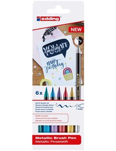 Edding 1340 Brush Pack de 6 Feutres - Pointe Pincel Flexible - Trait 1-3mm - Encre Avec Base de Eau - Couleurs Oro, Rouge, Bleu,