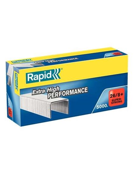 Rapid Super Strong Boîte de 5000 Agrafes 26/8+ - Jusqu'à 50 Feuilles - Alambre Galvanizado Superreforzado - Patilla de 8,5mm