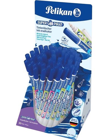 Pelikan Présentoir de 50 Boligrafos Super Pirat 850 B - Borratinta de Pluma Estilografica et Roller - Pointe Blanca et Reescribe