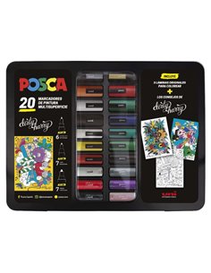 Posca Maleta Metalica Avec 20 Marcadores de Pintura - Assorti en Couleur et Trait - Pointe de Polyester - Encre Pigmentada Base 