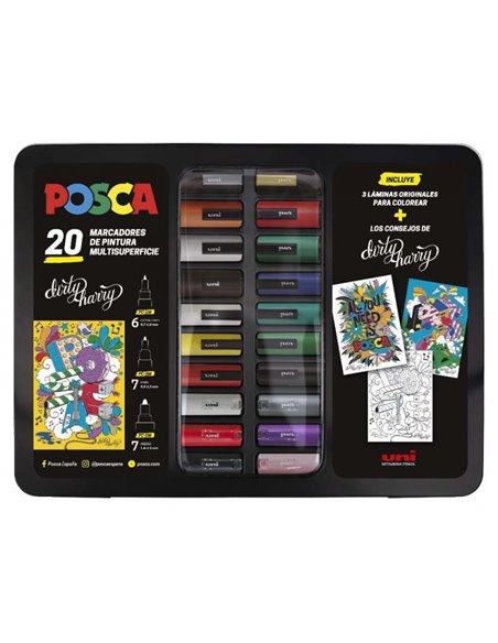 Posca Maleta Metalica Avec 20 Marcadores de Pintura - Assorti en Couleur et Trait - Pointe de Polyester - Encre Pigmentada Base 