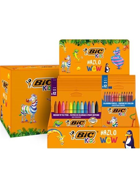 Bic Kids Présentoir de 12 Packs de 12 Feutres Couleur + 12 Packs de 12 Lapices de Couleurs Evolution Stripes - Couleurs assortie