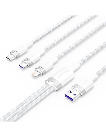 Vention Câble USB-À 2.0 à USB-C, Lightning, Micro-B 6A - 1.5m - Tressé - Couleur Blanc