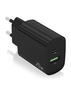 Aisens Cargador 20W - 1xUSB-C PD3.0 - 1xUSB-À QC3.0 - Couleur Noir