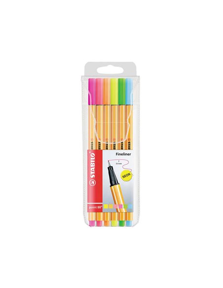 Stabilo Point 88 Pack de 6 Feutres de Pointe Fina de Fibre - Trait de 0.4 mm - Encre Avec Base de Eau - Couleurs assorties Neon