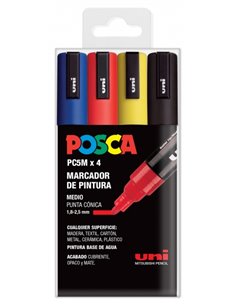 Posca PC-5M Pack de 4 Marcadores de Pintura - Pointe de Bala 1.8-2.5mm - Encre Base al Eau - No Permanent - Résistant à la Luz -
