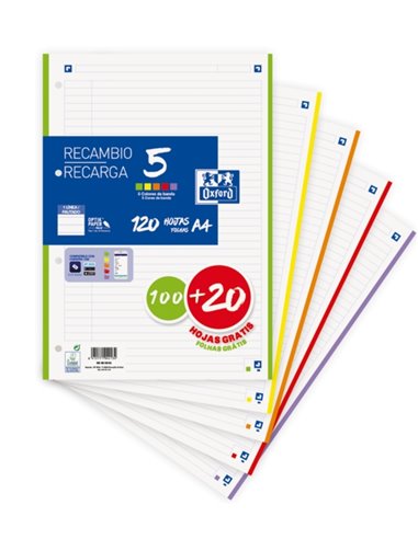 Oxford School Recambio Avec 120 Feuilles A4 1 Linea - 5 Bandas de Couleur