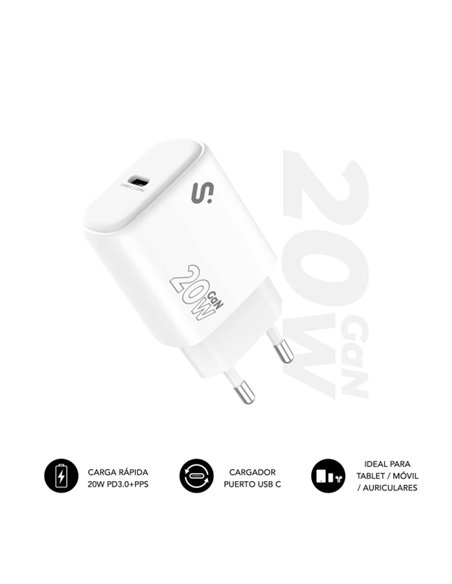 Subblim Cargador de Pared GaN 20W - USB-C - Charge rapide - Couleur Blanc
