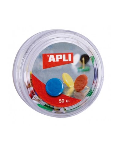 Apli Boîte de 50 Chinchetas Niqueladas Avec Cabezal de Plastico - Cabeza Redondeada - Puntas Afiladas - Couleurs assorties