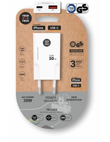 TechOneTech Cargador Double de Pared Ultrarrápido GaN 30w USB-C+USB-À Blanc