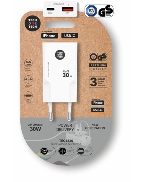 TechOneTech Cargador Double de Pared Ultrarrápido GaN 30w USB-C+USB-À Blanc