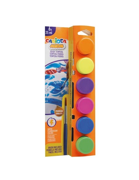 Carioca Neon Pack de 6 Temperas en Botes de 25ml + Pincel - Superlavables - Mezclables - Couleurs Neon Assortis