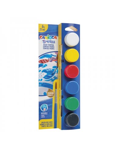 Carioca Pack de 6 Temperas en Botes de 25ml + Pincel - Superlavables - Mezclables - Couleurs assorties