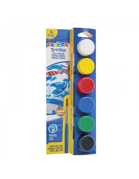 Carioca Pack de 6 Temperas en Botes de 25ml + Pincel - Superlavables - Mezclables - Couleurs assorties