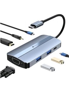 Leotec Adaptateur 7 en 1 USB-C à 1xHDMI, 1xVGA, 1xUSB-À 3.0, 1xUSB-À 2.0, 1xUSB-C, 1x USB-C PD, 1xAudio - Couleur Gris