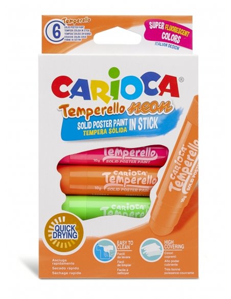 Carioca Temperello Neon Pack de 6 Temperas Solidas - Couleurs Brillantes et Lavables - Gran Cobertura - Faciles de Mezclar - San