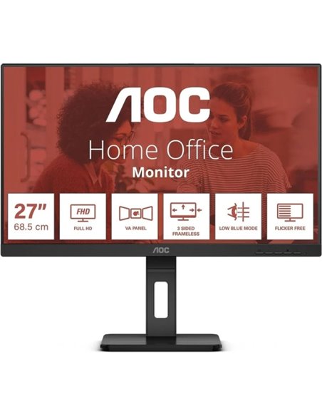 AOC Monitor 27" LED IPS FullHD 1080p 75Hz - Respuesta 4ms - Ajuste de Altura - Angulo de Vision 178° - Altavoces Incorporados - 