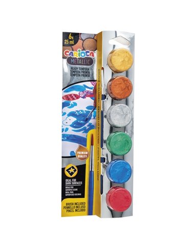 Carioca Metallic Pack de 6 Temperas en Botes de 25ml + Pincel - Superlavables - Mezclables - Couleurs Metallic Assortis