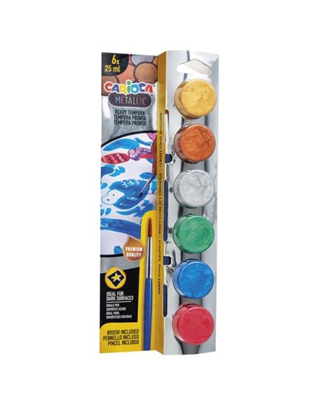 Carioca Metallic Pack de 6 Temperas en Botes de 25ml + Pincel - Superlavables - Mezclables - Couleurs Metallic Assortis