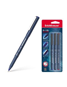 Erichkrause F-15 Pack de 3 Feutres Pointe Fina - Trait de 0.6mm - Clip Metalico - Couleur Noir, Bleu et Rouge