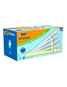 Bic Cristal Pastel Figurines Pack Avec 20 Boligrafos de Bola - Corps Opaco en Couleurs Pastel Avec Figuras de Animales - Pointe 