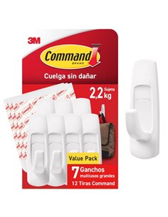 Command Pack de 7 Ganchos Grandes - 12 Tiras Adhesivas - Supporte jusqu'à 2.2kg - Couleur Blanc