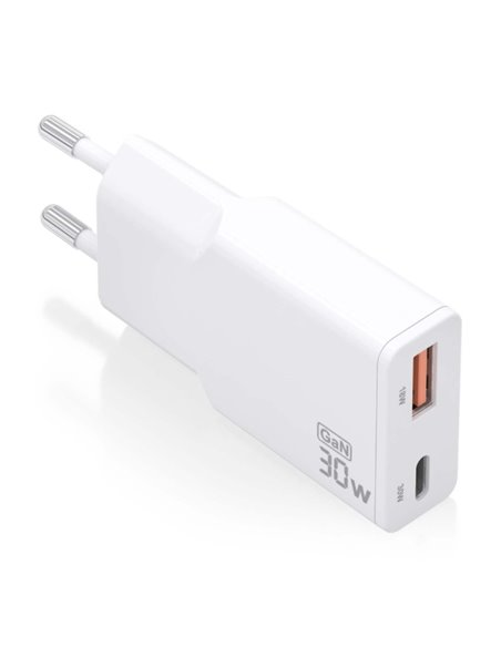 Aisens Cargador GaN Ultra Delgado 30W - 1xUSB-C PD3.0 QC4.0 - 1xUSB-À QC3.0 - Couleur Blanc