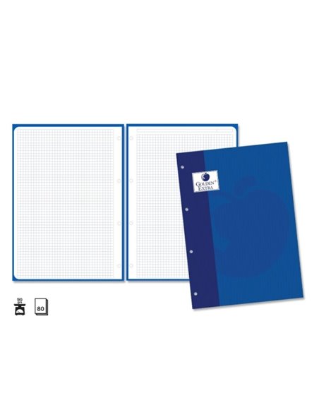 Golden Extra Recambio de 80 Feuilles 90gr Cuadricula 4x4 - Format A4 - 4 Taladros et Banda de Couleur Bleu