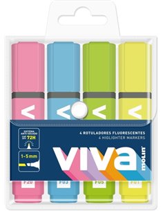 Molin Viva Pack de 4 Marcadores Fluorescentes - Trait entre 1 et 5mm - Encre Avec Base de Eau - Couleurs assorties