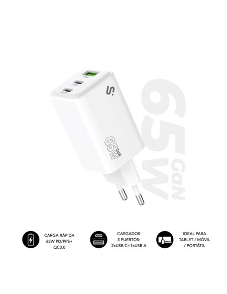 Subblim Cargador de Pared GaN 65W - 3 Puertos (2xUSB-C + 1xUSB-À) - Charge ultra rápida - Couleur Blanc