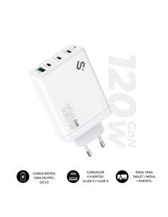 Subblim Cargador de Pared GaN 120W - 4 Puertos (3xUSB-C + 1xUSB-À) - Charge ultra rápida - Couleur Blanc