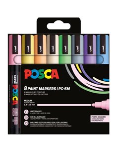 Posca PC-5M/8C Étui de 8 Marcadores de Pintura - Pointe de Bala 1.8-2.5mm - Encre Base al Eau - Résistant à la Luz - No Permanen
