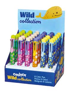 Carioca Wild Collection Présentoir Avec 30 Boligrafos de 8 Couleurs - Pointe 1mm - Divertidos Diseños de Animales - Clip de Suje