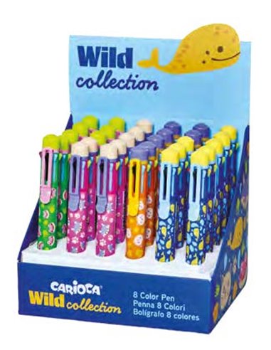 Carioca Wild Collection Présentoir Avec 30 Boligrafos de 8 Couleurs - Pointe 1mm - Divertidos Diseños de Animales - Clip de Suje