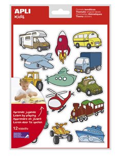 Apli Gomets Tematicos Transportes - 180 Gomets en 12 Feuilles - Adhésif Removible - Idéal Pour Aprendizaje - Cumple Normas EN-71