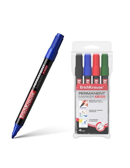 Erichkrause Pack de 4 Marcadores Permanent P-200 - Pointe en Forma de Bala - Résistant al Daño et La Abrasion - Ancho de Escritu