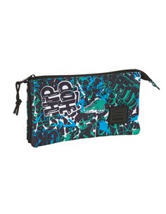 Safta Graffiti Go Trousse - 3 Compartiments Avec Cremalleras - Poche Intérieur - 0.60L - 220x30x120mm - Couleur Bleu Foncé