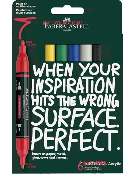 Faber-Castell Multimark Acrylic Pack Avec 6 Feutres Acrilicos Double Pointe - Puntas Redondas de 1mm et 3mm - Encre Acrilica à B