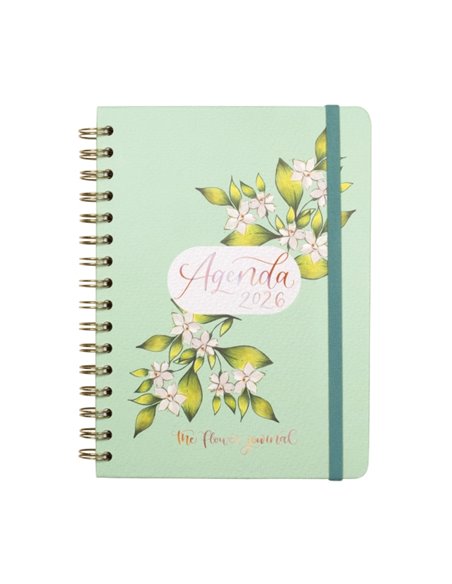 Finocam Flower Journal Agenda de Spirale - Annuel 2026 - Couverture rigide - Fermeture de Goma - Format E10 - 155X212mm - Semain