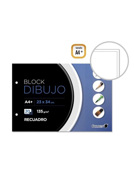 Golden Bloc de Dibujo A4+ 20 Feuilles Avec Recuadro Intérieur - Papier de 135gr - Encolado Avec 2 Taladros