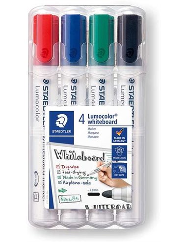Staedtler Lumocolor 351 Pack de 4 Marcadores Pour Tableau Blanca - Séchage rapide - Couleurs assorties