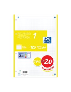 Oxford School Recambio A4 120 Feuilles Cuadricula 5x5mm - 4 Taladros - Banda de Couleur Jaune