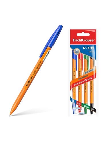Erichkrause Pack de 4 Boligrafos R-301 Orange Stick 0.7 - Corps Hexagonal Opaco - Pointe de 0.7mm - Encre de Séchage rapide - Co