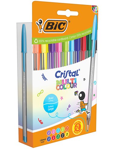Bic Cristal Multicolour Pack de 20 Boligrafos de Bola - Pointe 1.6mm - Trait 0.42mm - Encre Avec Base de Aceite - Couleurs assor