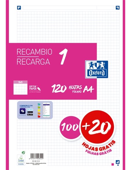 Oxford School Recambio A4 120 Feuilles Cuadricula 5x5mm - 4 Taladros - Banda de Couleur Fucsia