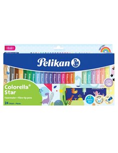 Pelikan Colorella Star Pack de 24 Feutres de Couleurs - Pointe Fina - Lavables - No Toxicos - Couleurs Fluorescentes et Pastel A